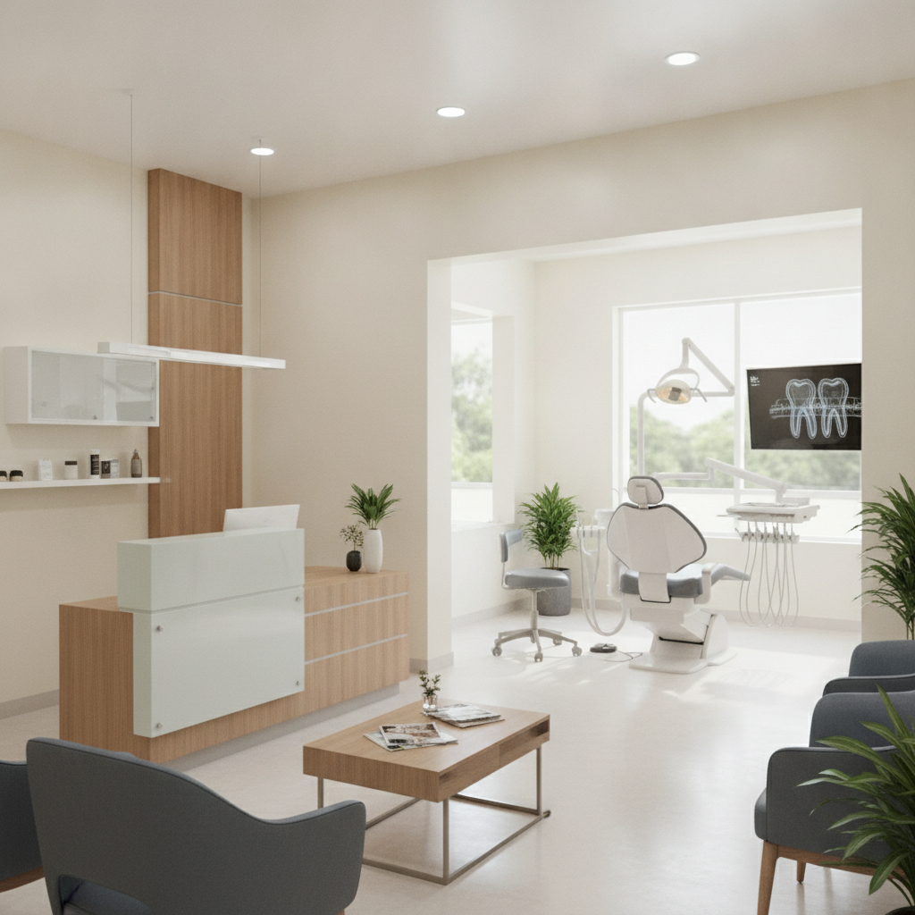 A modern, beautifully designed dental office reception area in Austin with warm lighting, comfortable seating, and a calm, premium atmosphere.