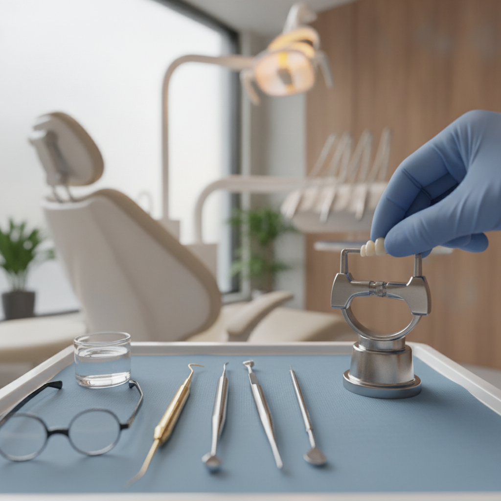 A dentist in a clean, modern clinical room gently explaining a treatment plan to a patient in a reassuring and professional manner.