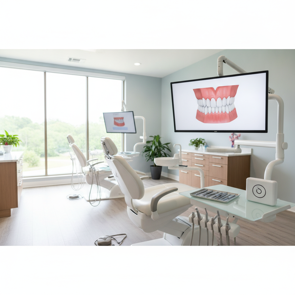 A modern, serene dental office interior in Austin with warm lighting, comfortable seating, and clean clinical design.