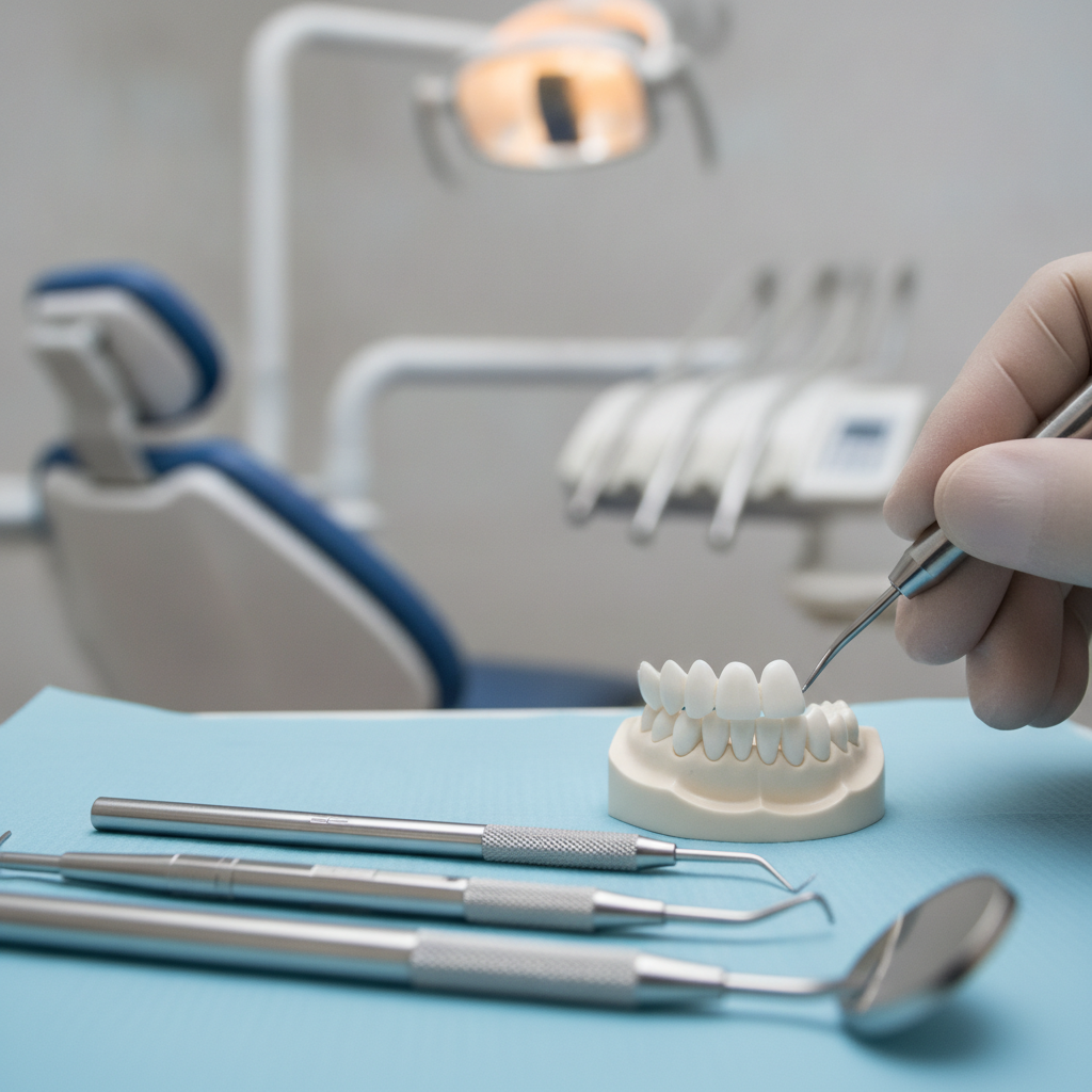 A close-up of a dentist discussing a digital smile design on a screen with a patient in a calm, premium treatment room.