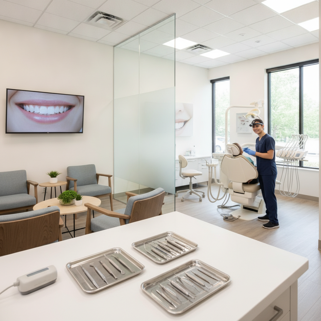 A modern, sunlit dental office lobby in Austin with minimalist wood accents, comfortable seating, and a calm, premium atmosphere.