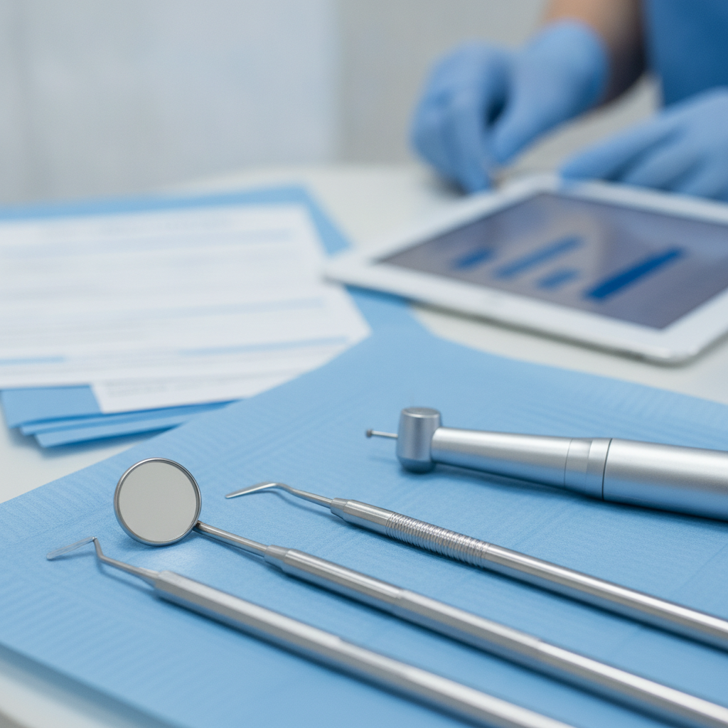 A professional dentist in clinical attire discussing a digital dental chart on a screen with a patient in a comfortable, modern treatment room.