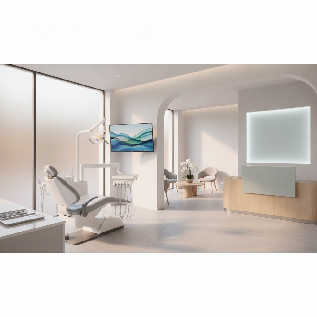 A modern, bright, and calming dental operatory at Cedar Park Family Dental in Austin TX, featuring a premium patient chair and state-of-the-art dental equipment with large windows showing green trees.