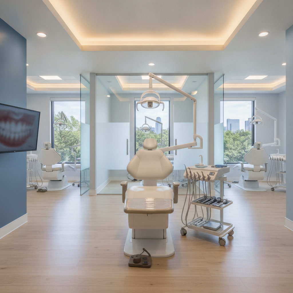 A modern, sunlit dental reception area with warm wood accents, comfortable seating, and a calm, premium atmosphere in Austin, TX.