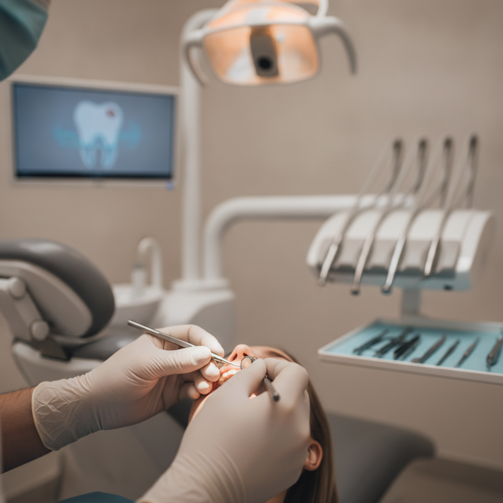 A dentist in professional attire gently explaining a digital dental scan to a patient in a clean, state-of-the-art treatment room.