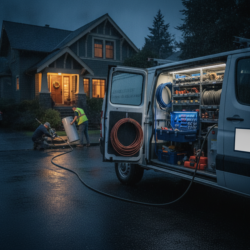 A professional plumber in a blue uniform repairing a copper water pipe under a kitchen sink in a Seattle home, with a toolbox nearby.