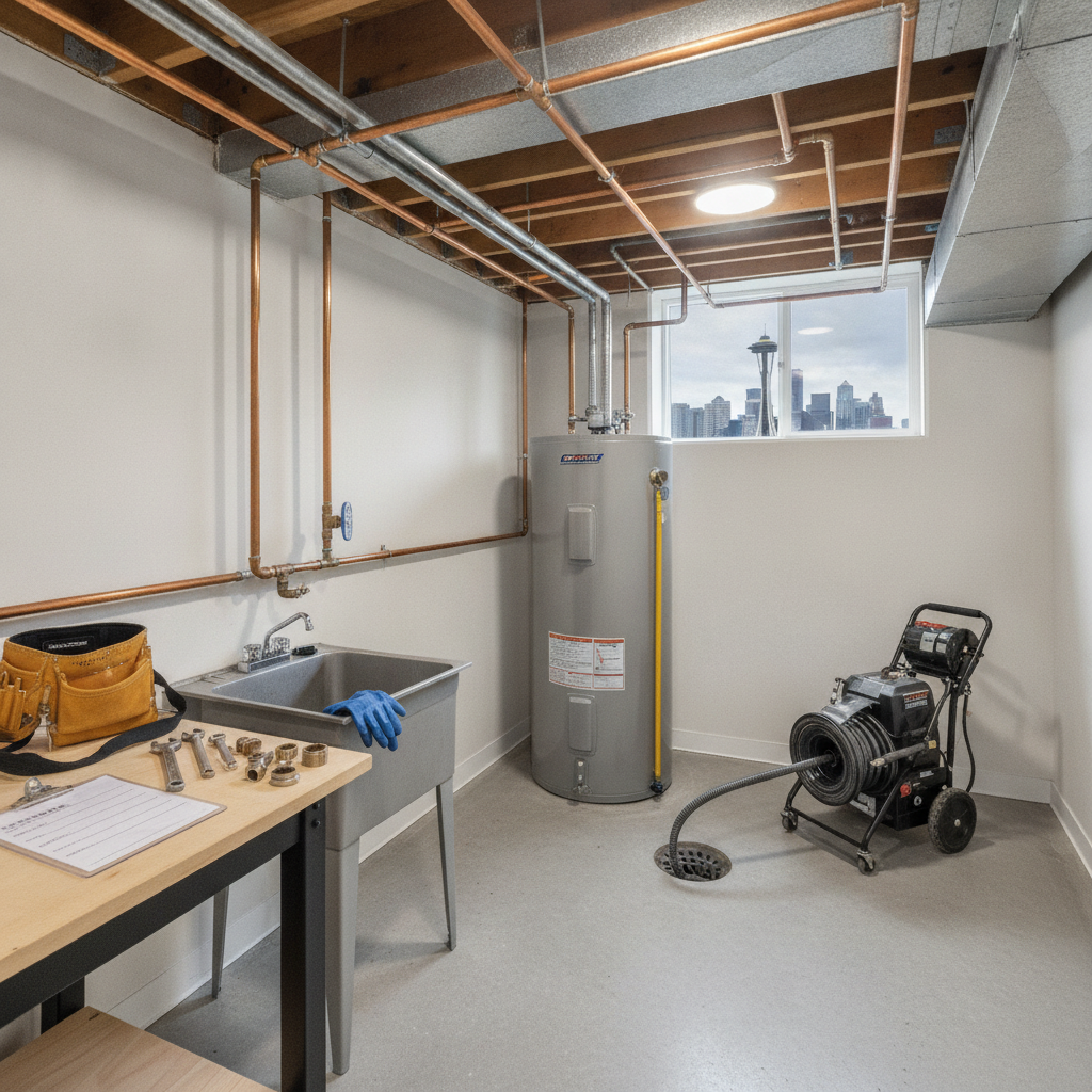 A professional plumber using specialized drain cleaning equipment to clear a clogged sewer line in a Seattle home basement.