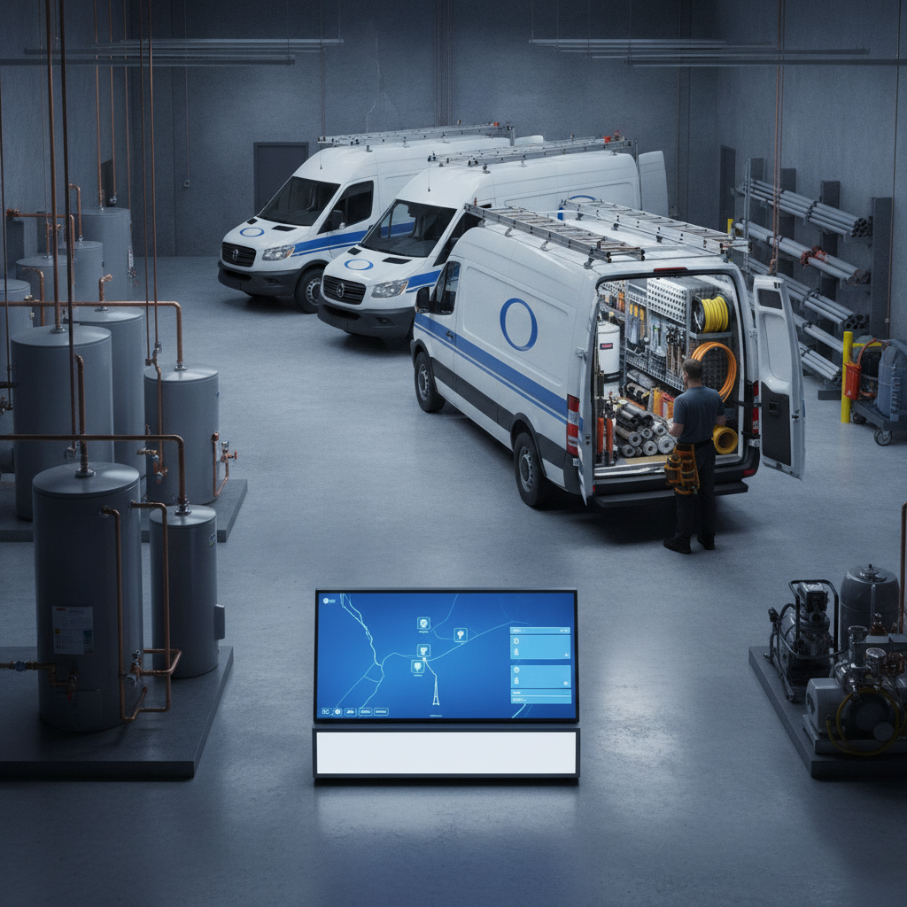 A professional plumber repairing a leaking water heater in a Seattle home utility room, using specialized tools with a service van visible outside.