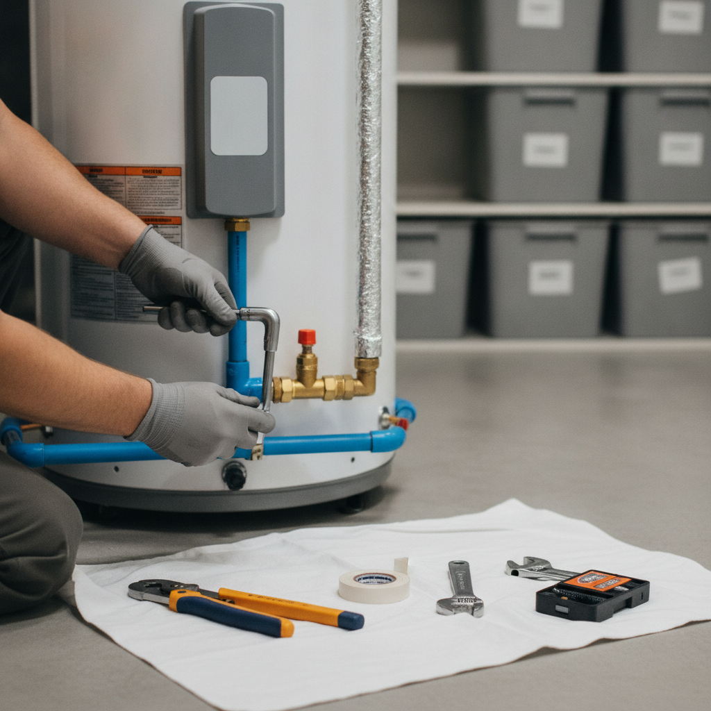 Close-up of a technician checking the pressure relief valve on a newly serviced hot water heater in a Seattle home.