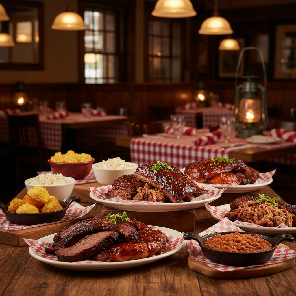 Famous Dave's authentic pit-smoked BBQ platter with ribs and sides