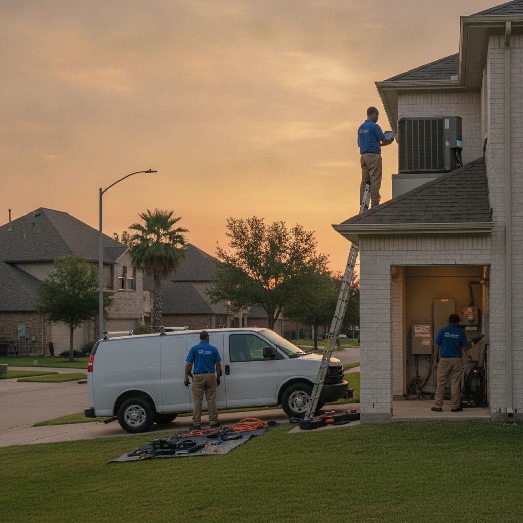 A professional HVAC technician in a uniform inspecting a residential outdoor AC condenser unit in a Houston, TX backyard, holding a manifold gauge set with a service van parked in the background.