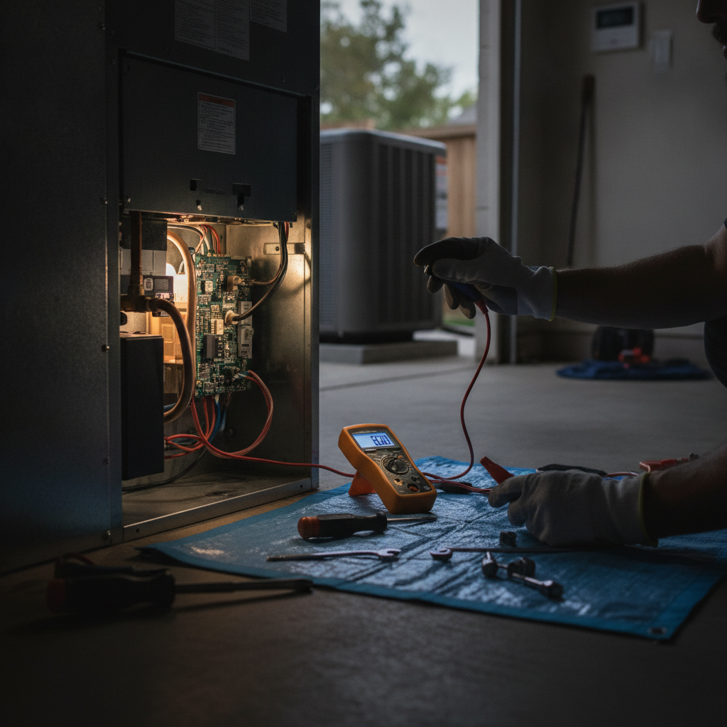 An indoor furnace unit located in a utility closet being serviced by a licensed technician wearing protective shoe covers, using a digital multimeter to test electrical connections.