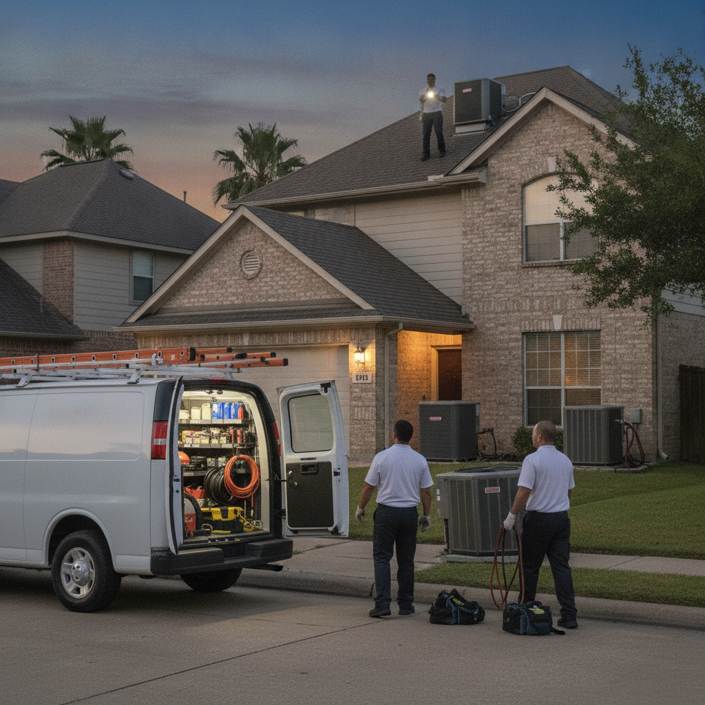 A professional HVAC technician in a uniform carefully inspecting the burner assembly of a gas furnace inside a Houston home utility closet.