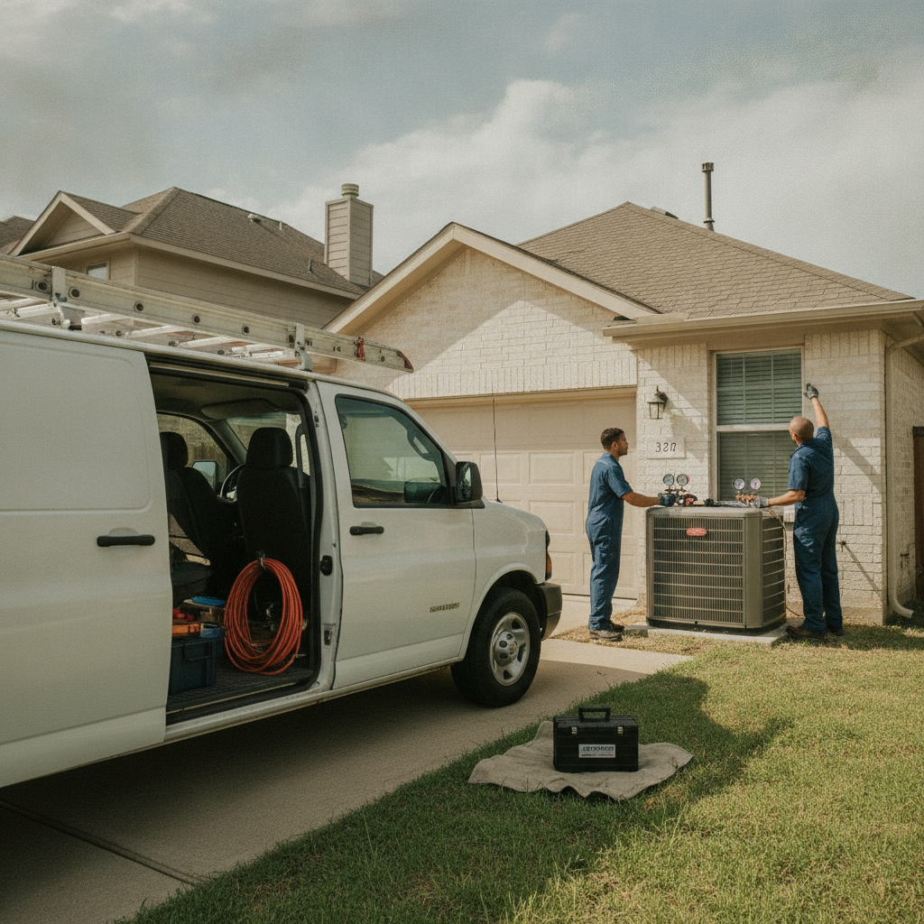 Professional HVAC technician in a uniform repairing a residential outdoor air conditioning condenser unit outside a Houston, TX home, with a service van parked in the driveway.