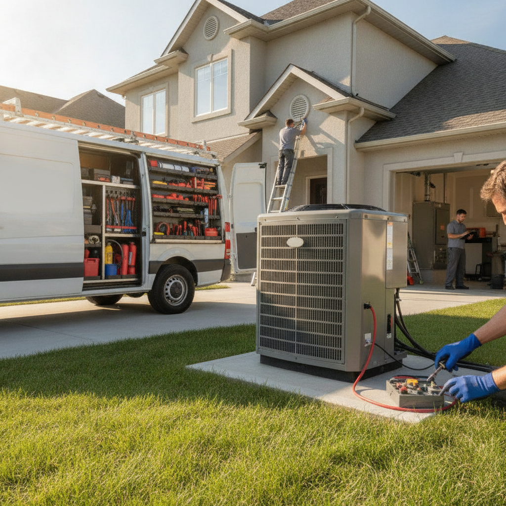 A professional HVAC technician in a uniform inspecting an outdoor air conditioning unit next to a Houston home, checking electrical connections with a meter.