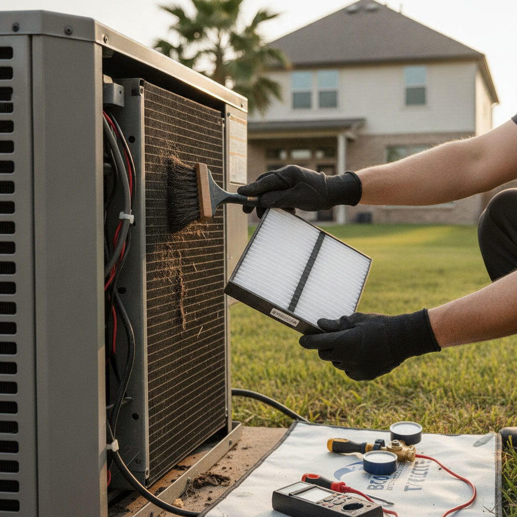 An indoor furnace unit being carefully inspected by a technician performing a seasonal safety tune-up in a residential utility closet.