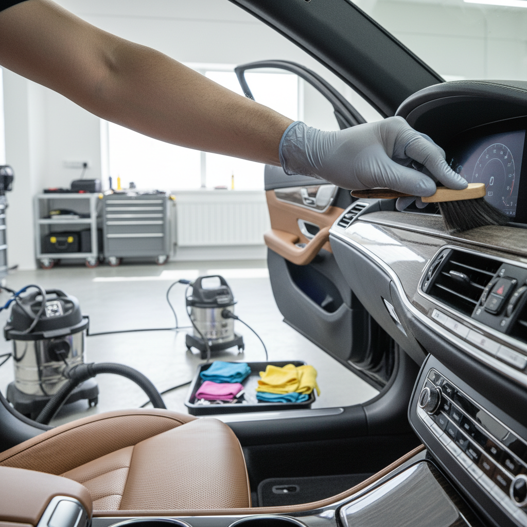 Detailed view of Car Upholstery Cleaning Orlando service showing pristine leather seats