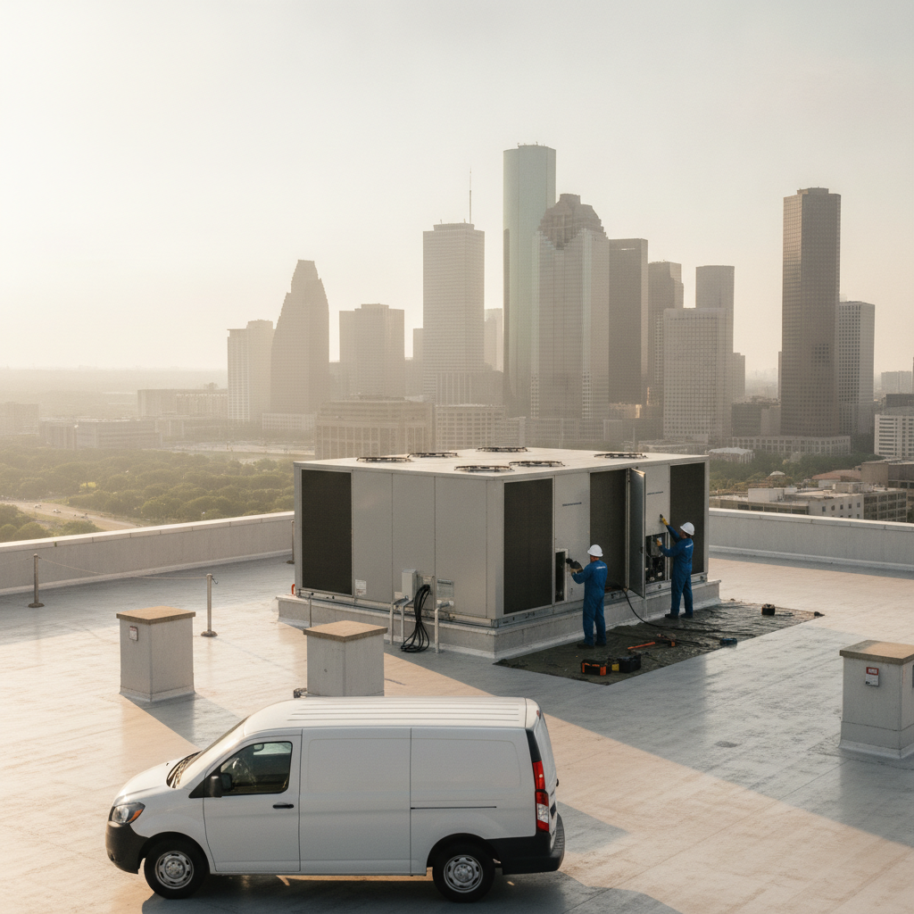 A professional HVAC technician in a clean uniform inspecting an outdoor air conditioning condenser unit next to a residential home in Houston, TX.