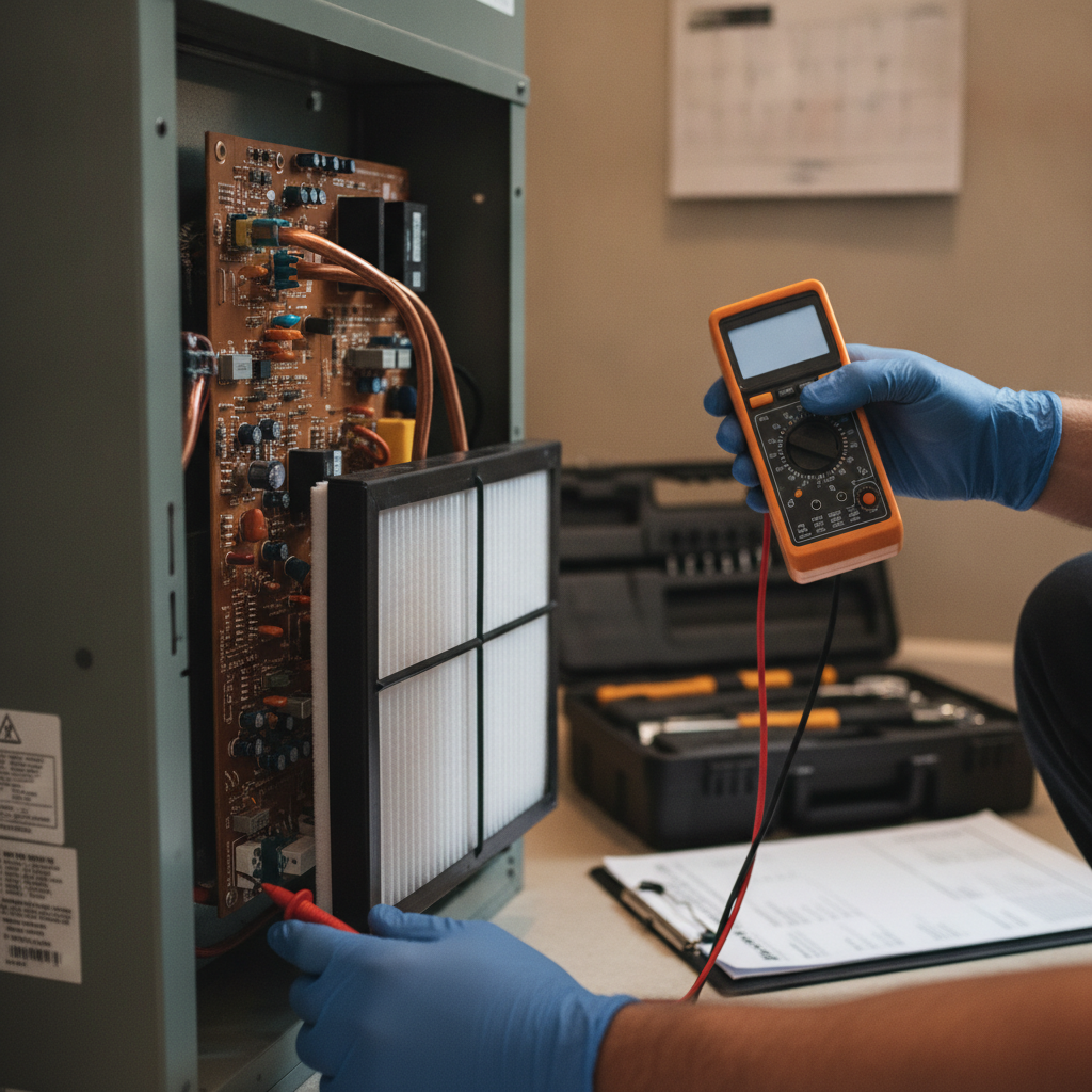 A close-up of a licensed technician using diagnostic tools to test the electrical components of a home HVAC system.