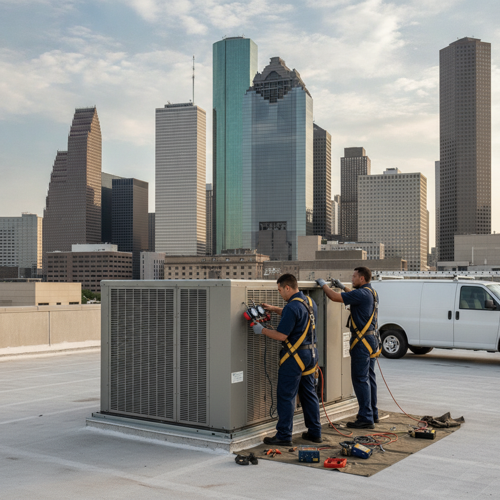 A professional HVAC technician in a clean uniform diagnosing an outdoor central air conditioning unit next to a residential brick home in Houston, Texas.