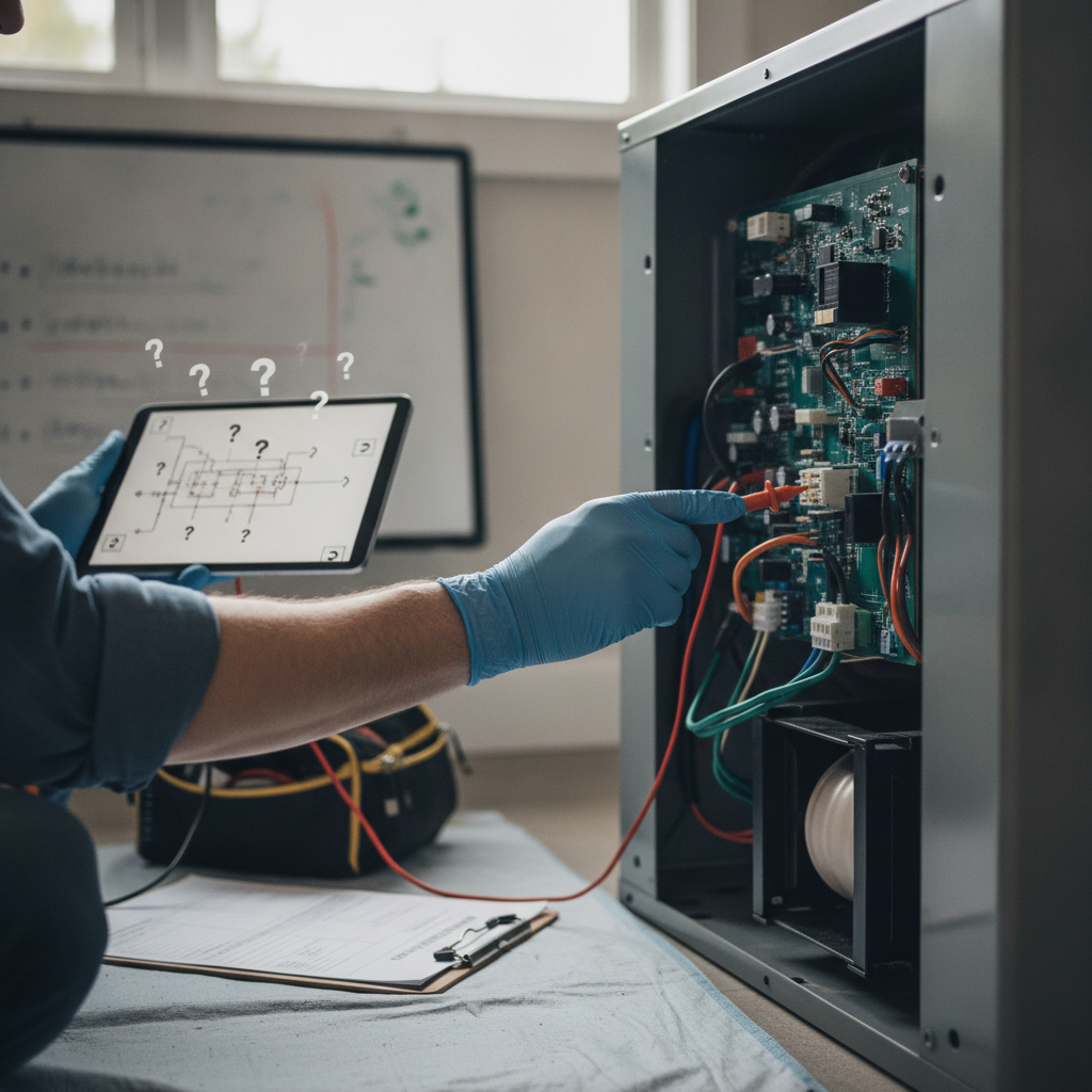 A close-up of a technician using professional diagnostic tools to test the electrical components of a home heating and cooling system.