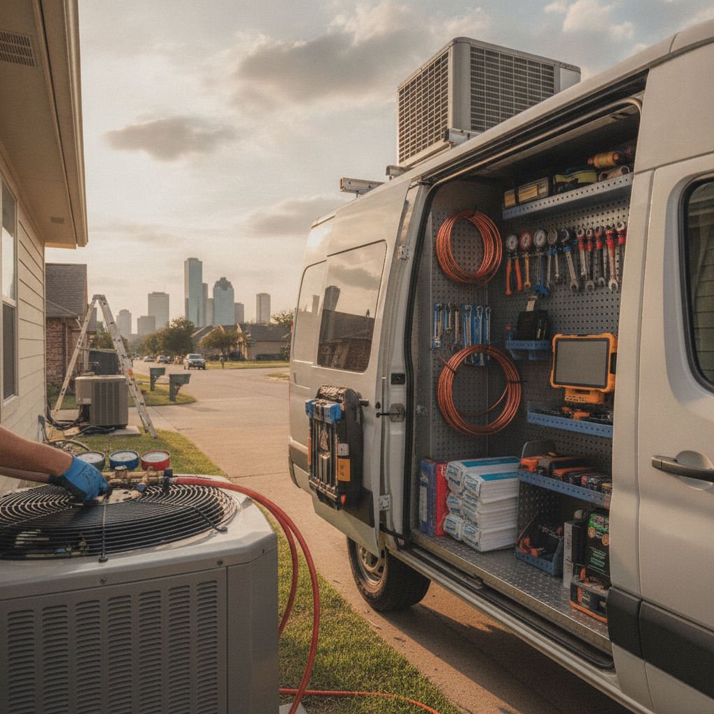 A professional HVAC technician in a uniform inspecting an outdoor residential air conditioning unit next to a brick home in Houston, TX.