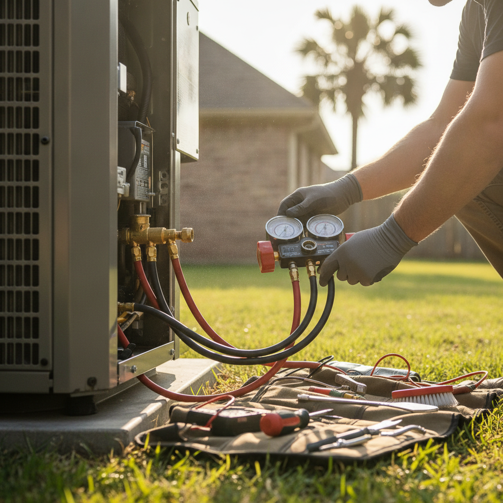 An indoor view of a technician using diagnostic tools to repair a home furnace and air handler unit inside a utility closet.