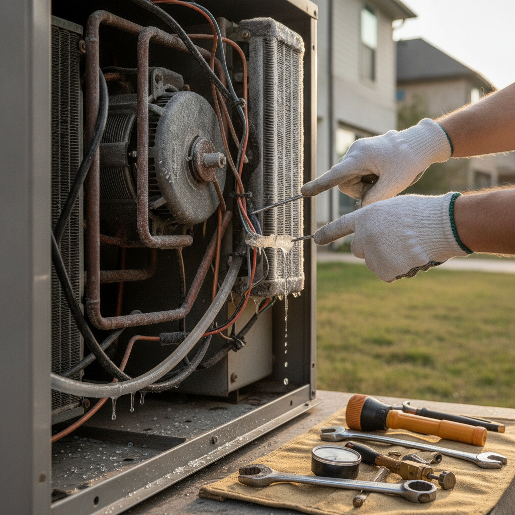 A close-up of a technician's hands carefully testing the electrical components of an indoor HVAC system with a multimeter inside a Houston home.