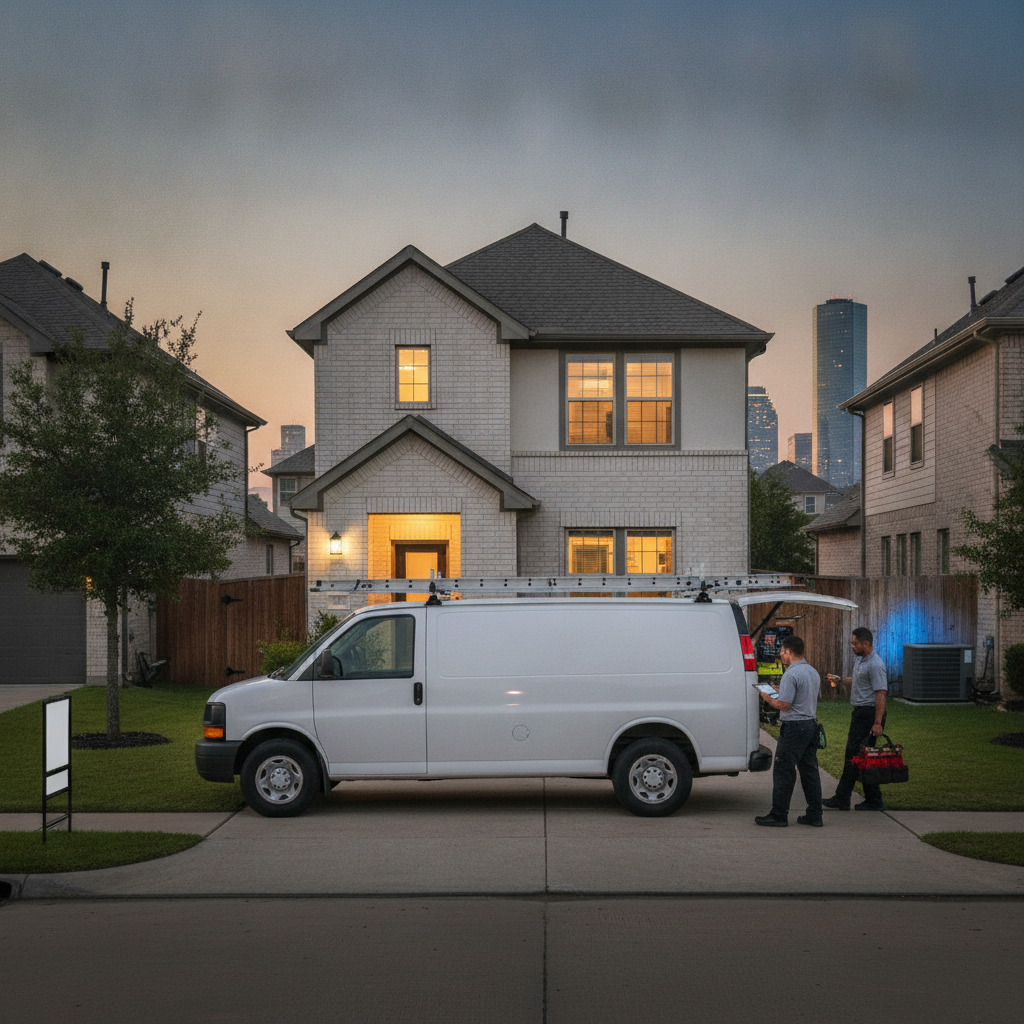 A professional HVAC technician in a clean uniform diagnosing a residential outdoor air conditioning unit next to a brick home in Houston, TX.