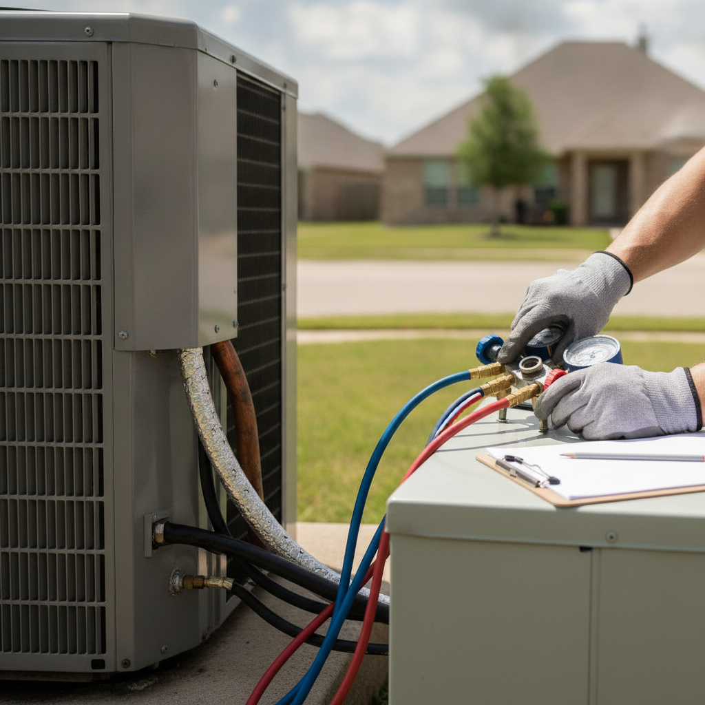 A close-up of a technician's hands using a digital multimeter to test electrical components inside an open home furnace system.