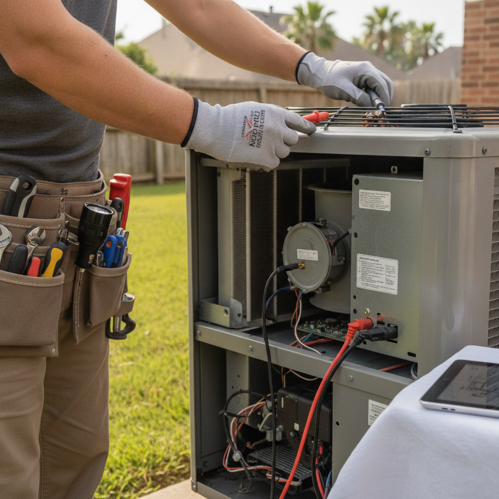 A licensed technician using diagnostic tools to check the electrical components of an indoor HVAC system in a residential utility closet.