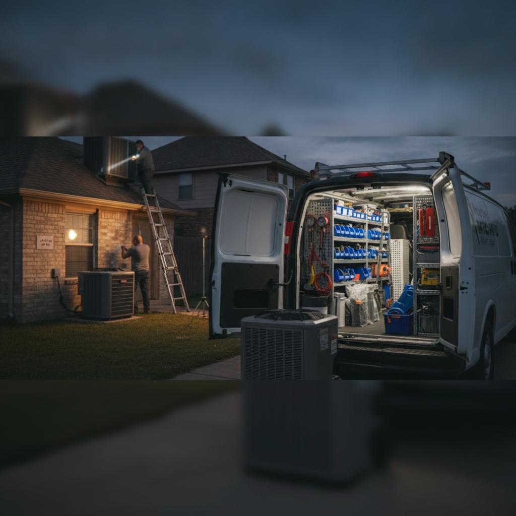 A professional HVAC technician in a uniform repairing an outdoor air conditioning condenser unit outside a Houston home on a sunny day.