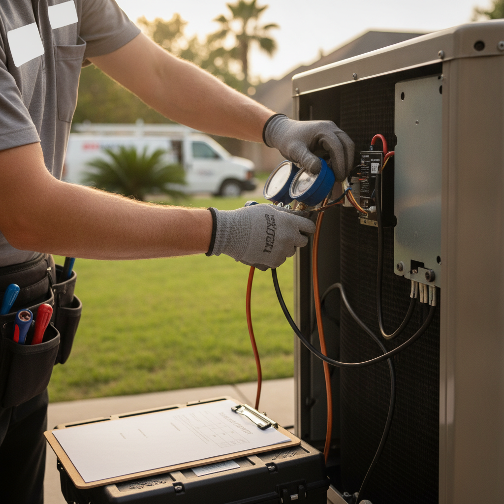 A licensed technician checking the electrical panel of a residential HVAC system inside a home utility closet.