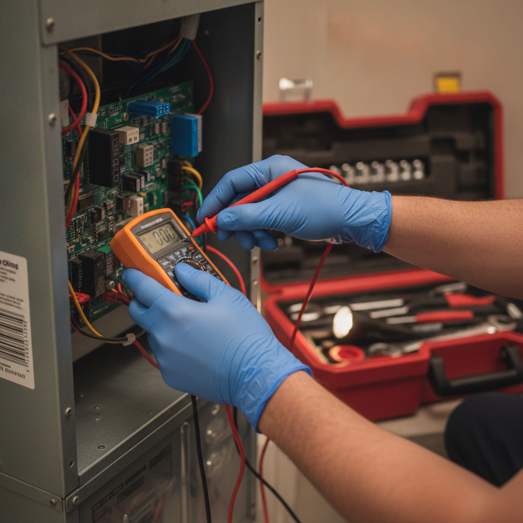 An indoor furnace system being carefully inspected by a licensed technician with a flashlight in a Houston utility closet.