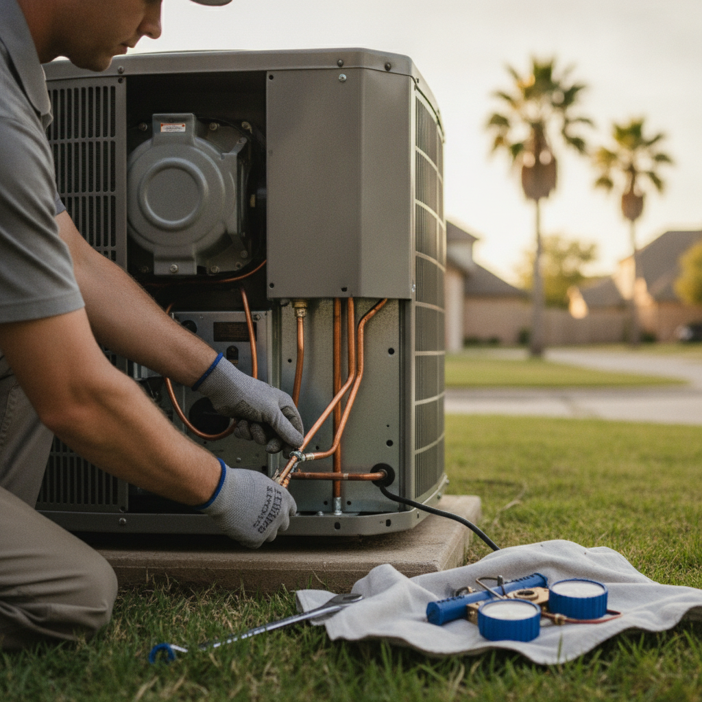 A close-up of a licensed technician using diagnostic tools on a home furnace system inside a clean Houston residential utility closet.