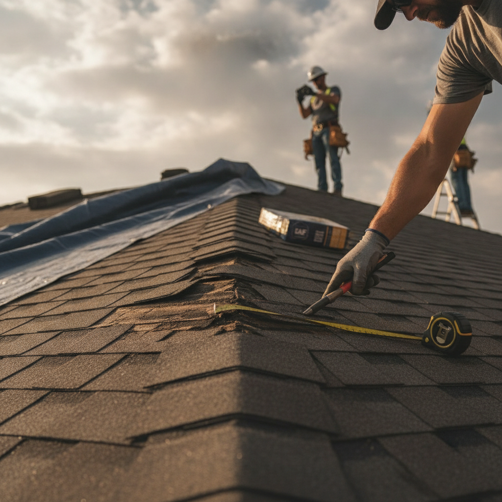 Emergency tarping being secured over a storm-damaged roof section on a Dallas home to prevent water leaks.