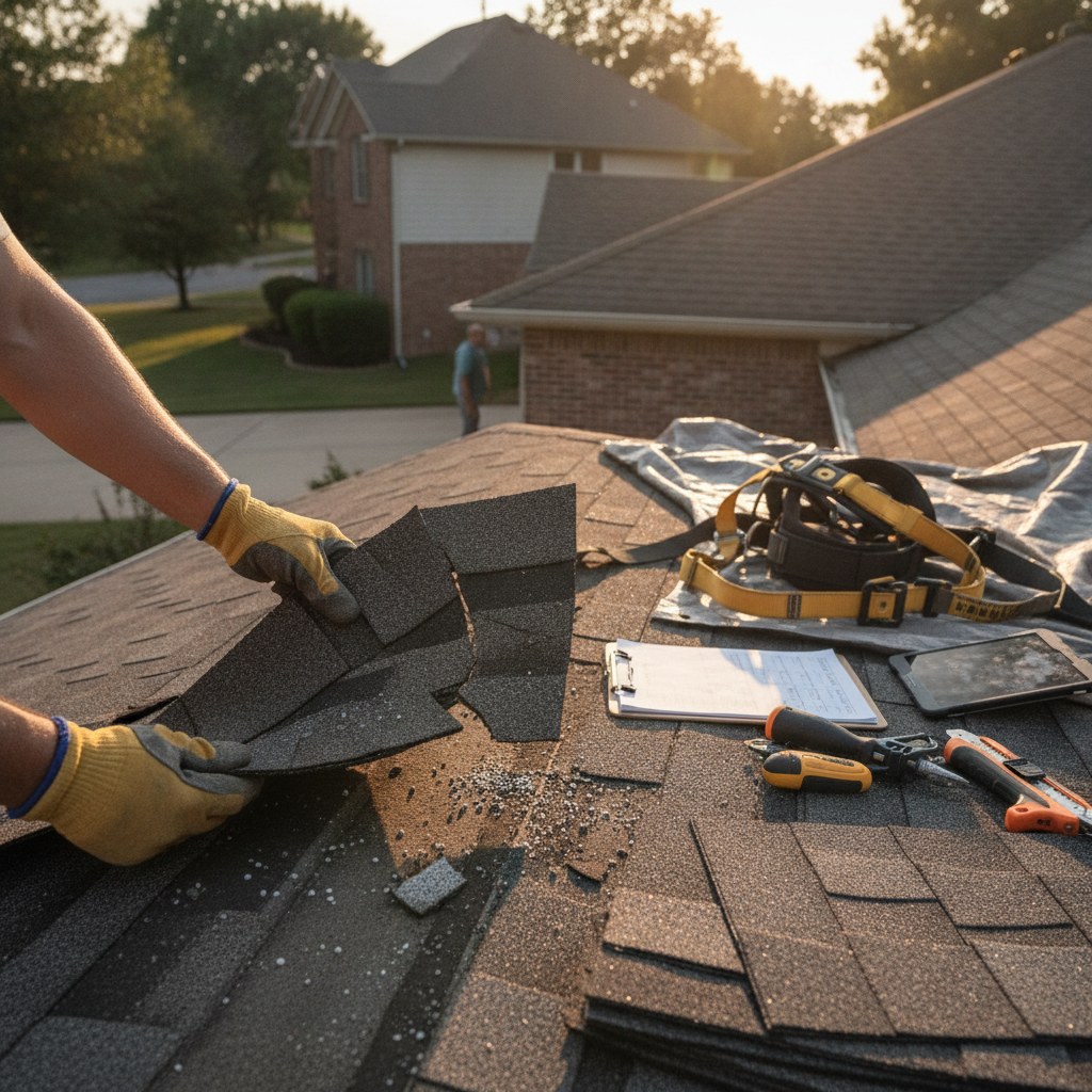 A close-up of a licensed roofing inspector examining hail damage on a residential roof shingle in Dallas, TX.