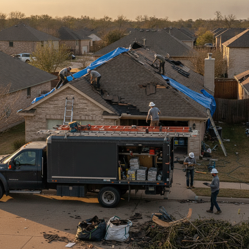A professional roofing crew installing new architectural shingles on a suburban home in Dallas, Texas, with a clean and organized work site.