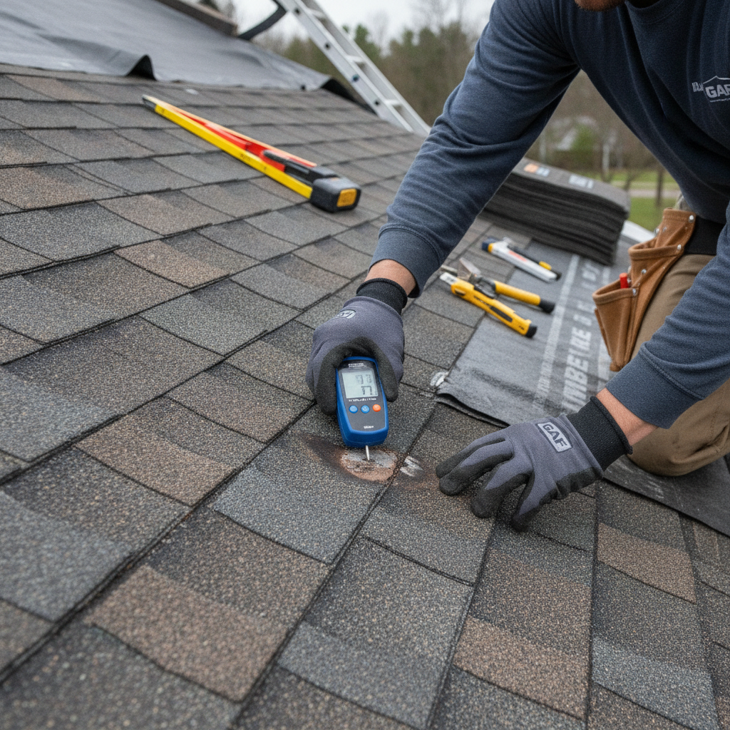A close-up of a roofing specialist conducting a detailed storm damage inspection on a shingle roof in Dallas, TX.