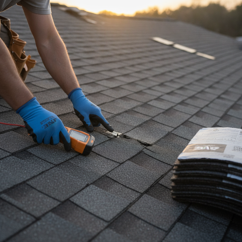 A close-up of a professional roof inspection by Lone Star Roofing Co showing hail-damaged shingles on a residential roof in Dallas, Texas.