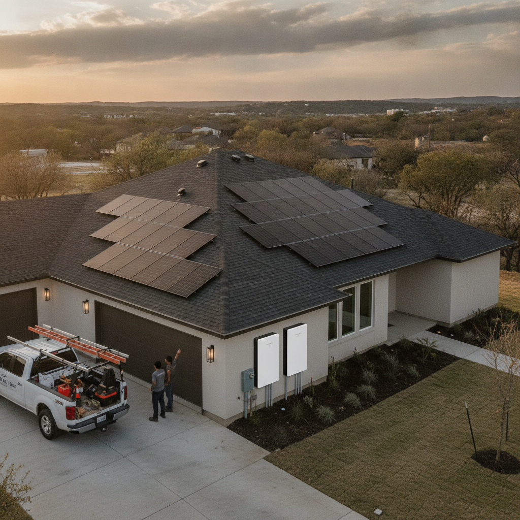 A modern Austin home featuring newly installed residential solar panels on a clean shingle roof under a bright Texas sky.