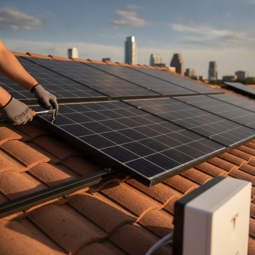 A professional technician installing a Tesla Powerwall backup battery system on the side of an Austin residential property.