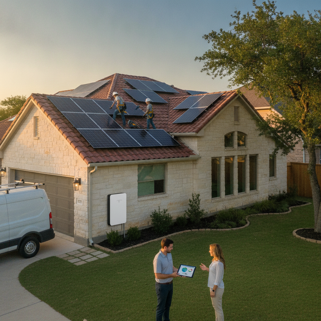 Modern residential home in Austin, Texas with high-efficiency solar panels installed on a clean, dark shingle roof under a clear blue sky.