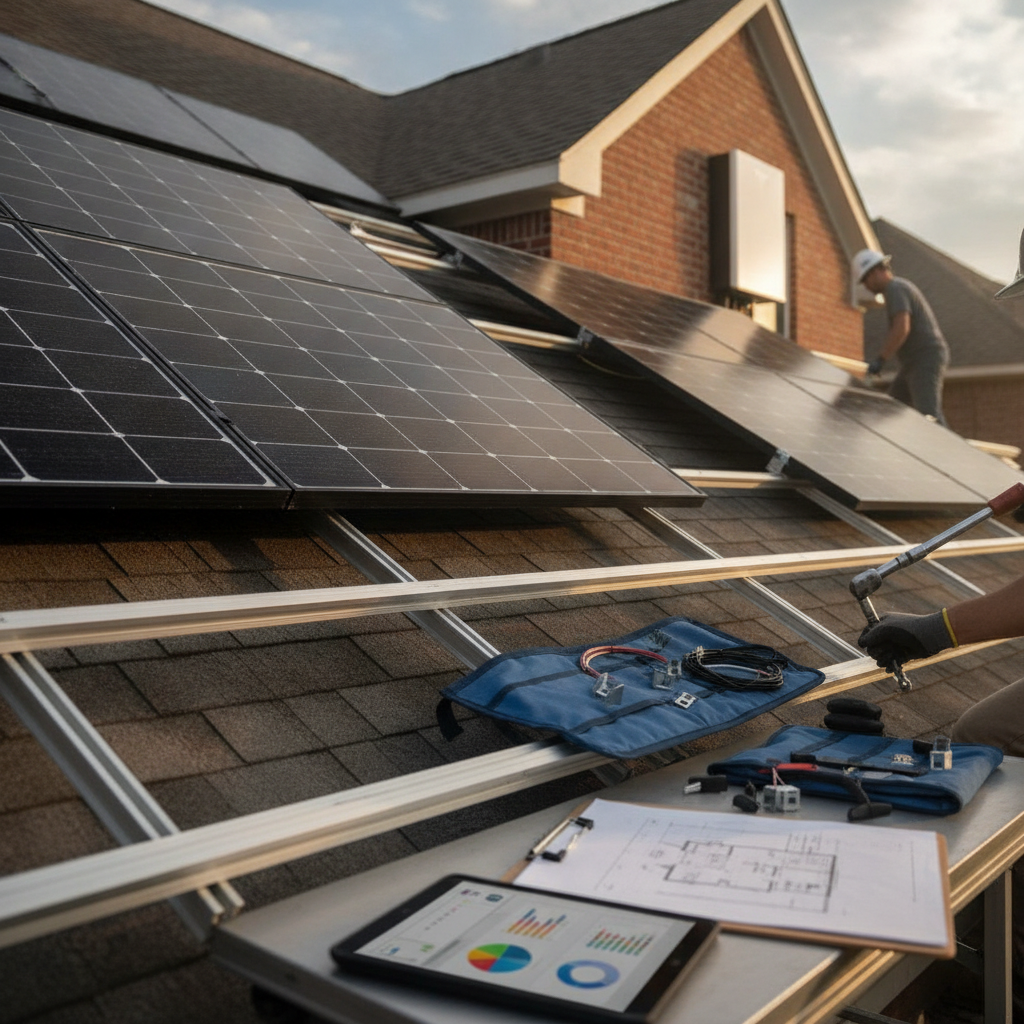 A professional solar technician installing a wall-mounted home battery backup system inside a clean residential garage in Austin, TX.