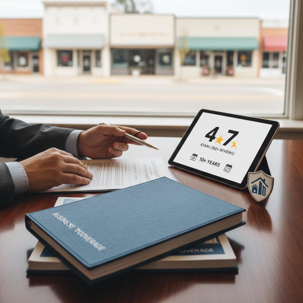 Local business owner reviewing Commercial Insurance Near Me documents in an office setting