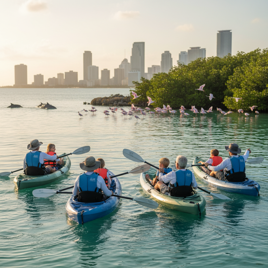 Happy group paddling during Kayak Tours Miami FL near Brickell skyline
