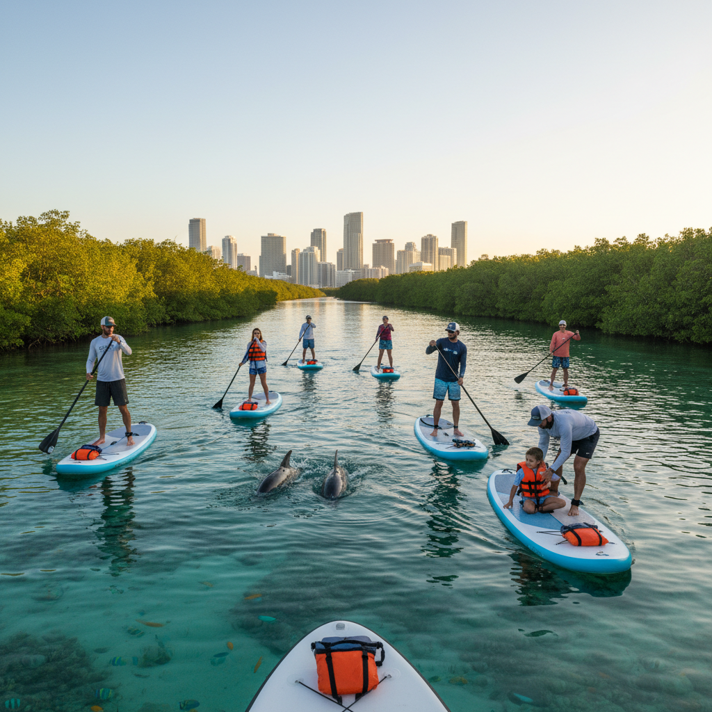 Group enjoying Paddleboard Tours Miami with city skyline in background