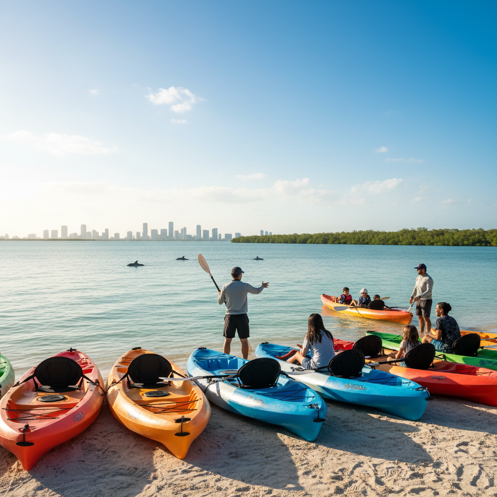 Kayaks lined up on the shore near Miami with water in background