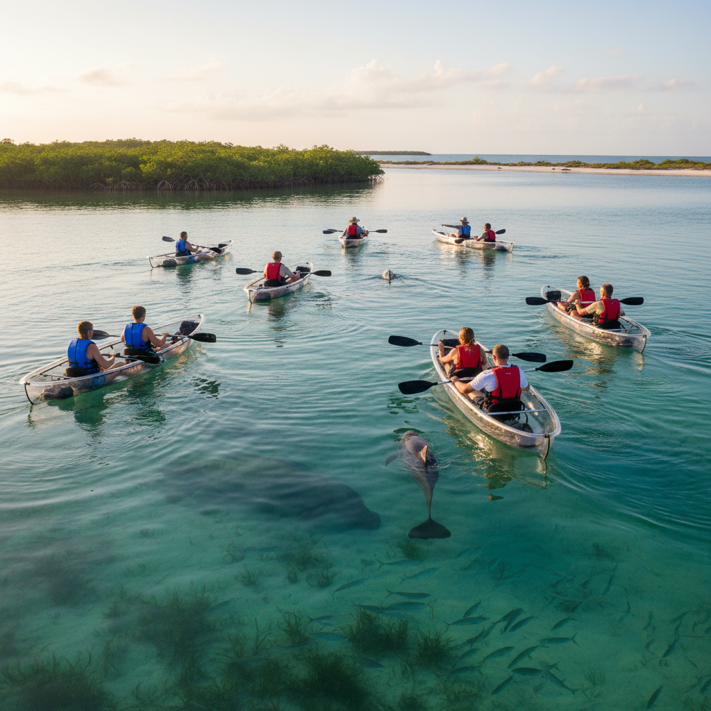 Happy couple paddling a clear kayak through mangroves in Bonita Springs