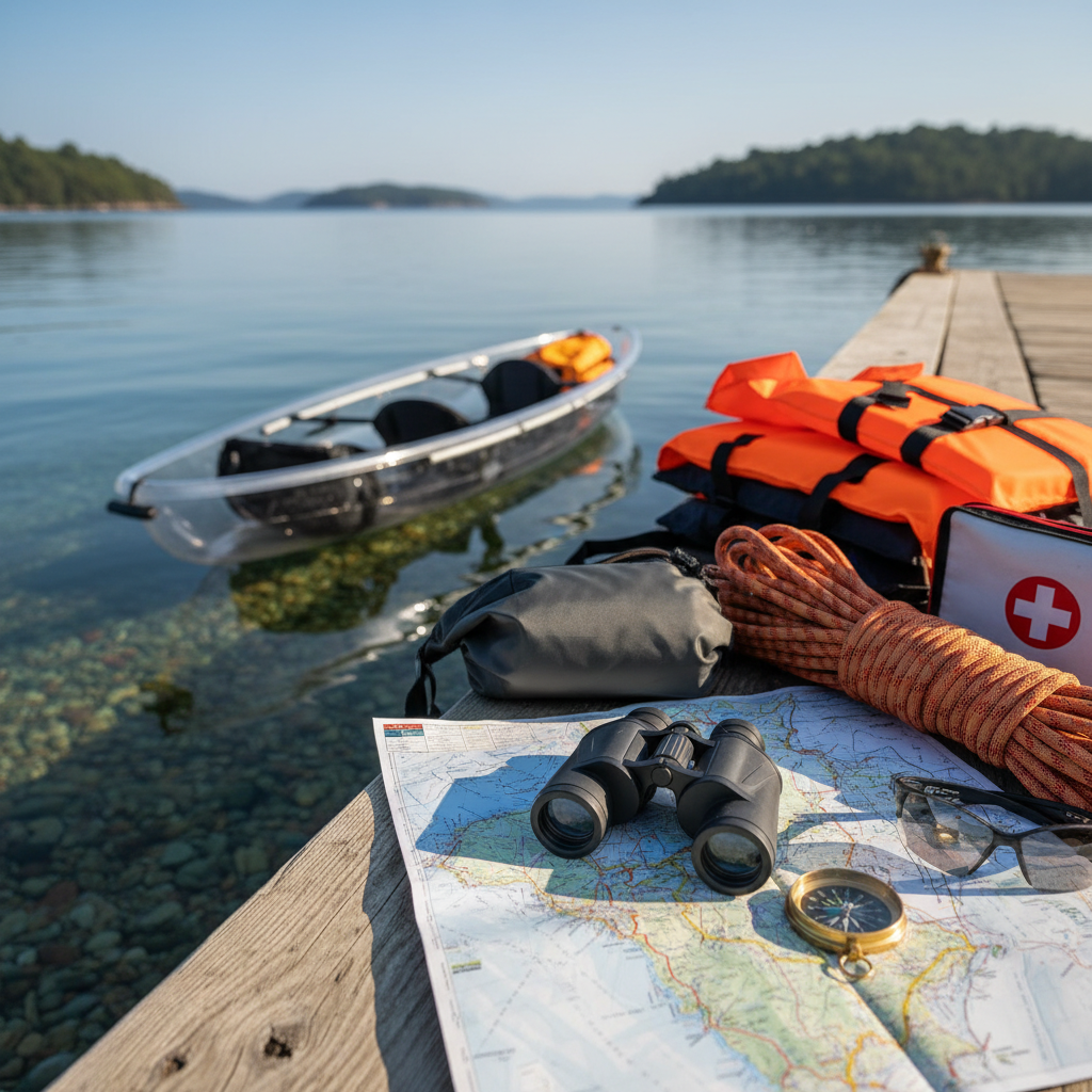 Close up view of marine life seen through the bottom of a transparent kayak